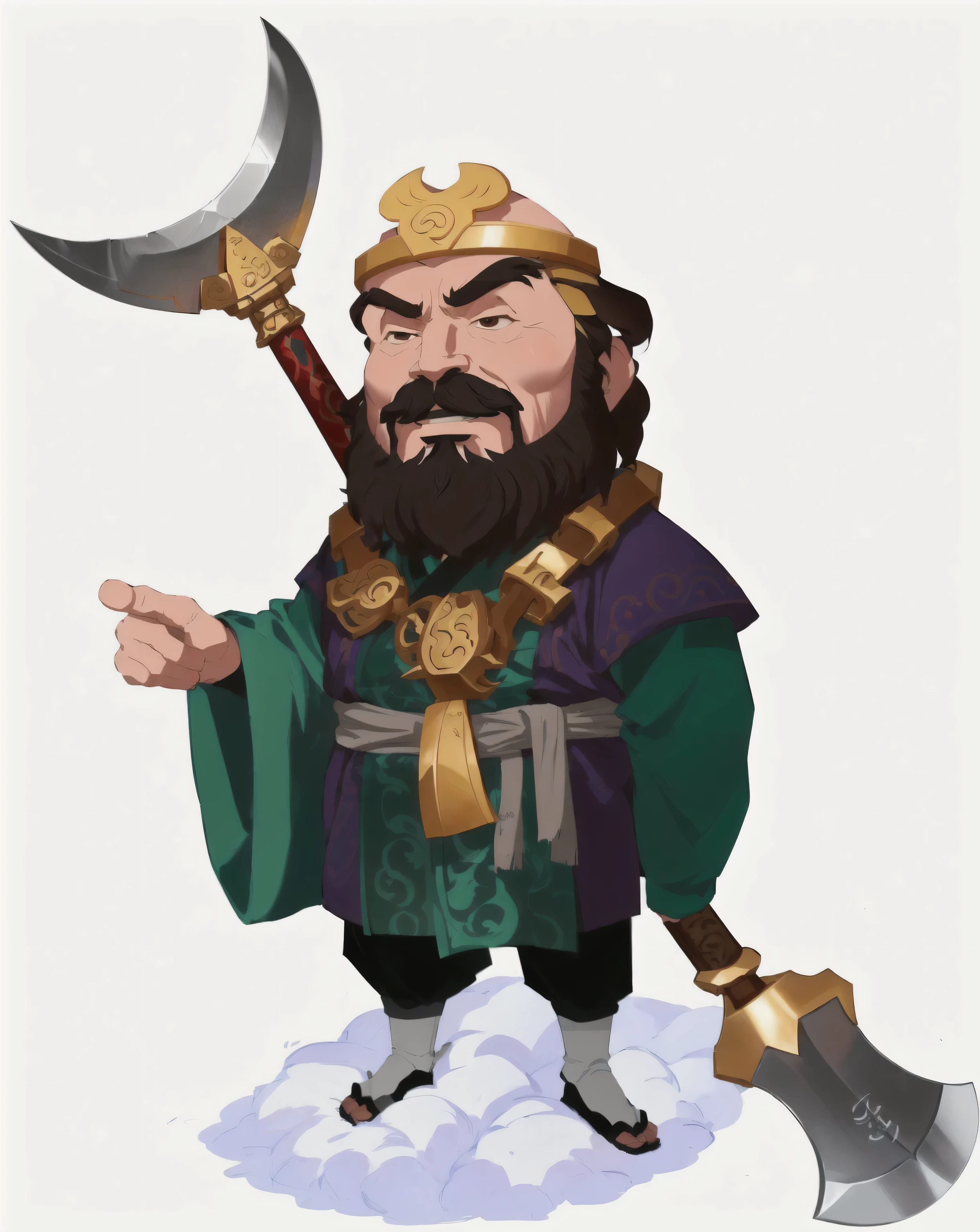 Cartoon image of bearded man holding big axe, Inspired by Hu Zaobin, guan yu, Inspired by Wu Bin, inspired by Huang Ding, Inspired by Shen Zhou, Inspired by Huang Shen, inspired by Cao Zhibai, Q version, Inspired by Lee Jae Wan, Inspired by Zhang Chengye, bian lian,Journey to the West: Monk Sha,