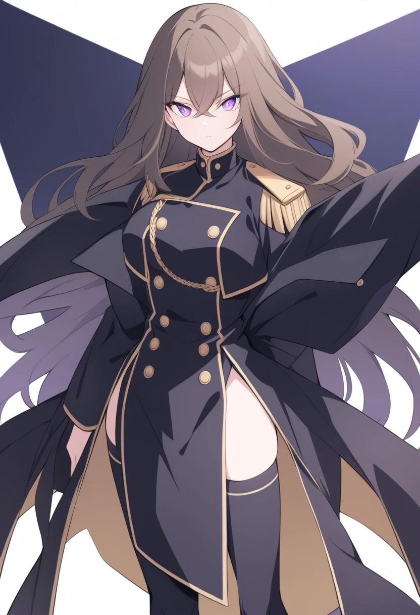 masterpiece, Highest quality, One Girl, alone, Manhattan Cafe, Expressionless, Show Viewer, Ahoge, Black jacket, shirt, tie, Black gloves, skirt, pantyhose, Single earring, Horse tail,Hair between the eyes, Thick thighs,