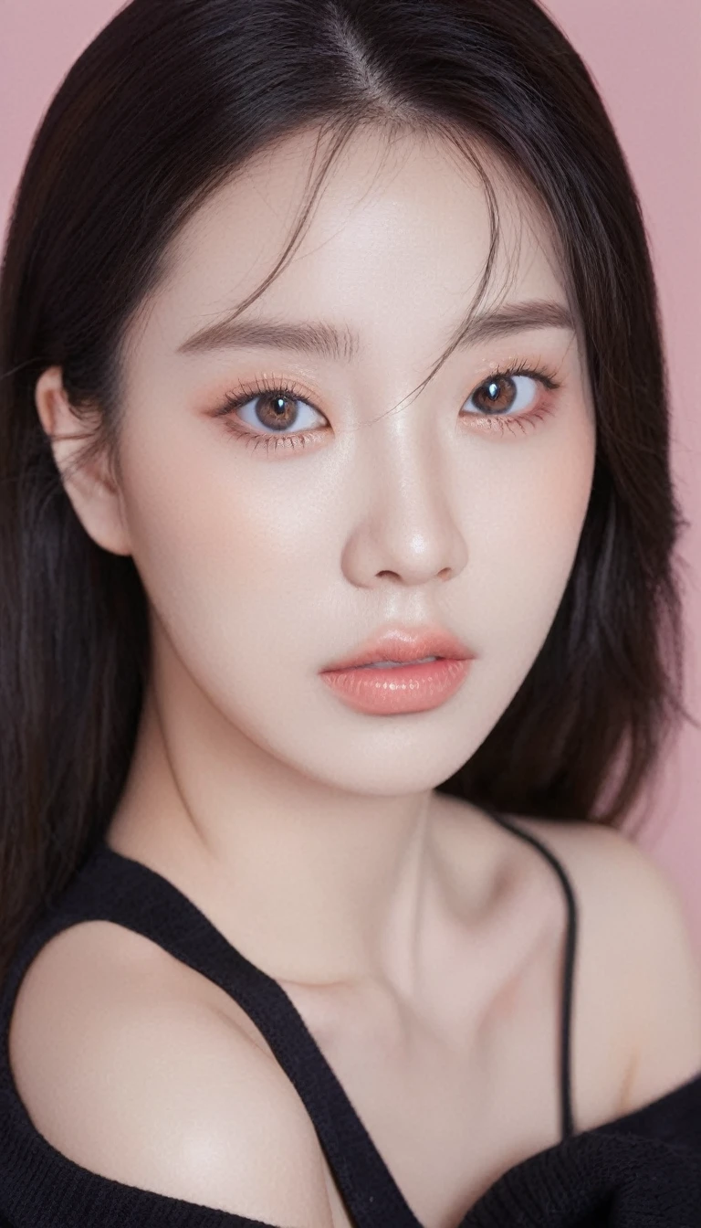 ultra wide shoot, front photo, elegant woman, (Photorealsitic)、(intricate detailes:1.2)、(​masterpiece、:1.3)、beauty face, (top-quality:1.4)、(超A high resolution:1.2)、超A high resolution、(A detailed eye)、(detailed facial features), ((Realistic lighting、top-quality、8K、natural light, ​masterpiece:1.3))、bright photo, Clear focus:1.2、1girl in、flawless beauty:1.4、Superfine Face、big Narrow-eyed、double eyelid、photos realistic, perfect eyes, perfect skin, detailed skin, detailed face, looking viewer, front view, potrait, raw photo, simple soft pink background, (intricate detailed skin textured:1.4) front view, looking viewer, clear face,  1 girl、porate、Bright and very beautiful face、beautiful girl, A stunning close-up portrait showcasing the beauty of a Korean model. The composition features soft, natural lighting , bright eyes, and striking cheekbones. Her glossy,  The background is simply black background,  wear black sweetshirt, neat hair, long hair, instagram model, profil picture, bright and natural
