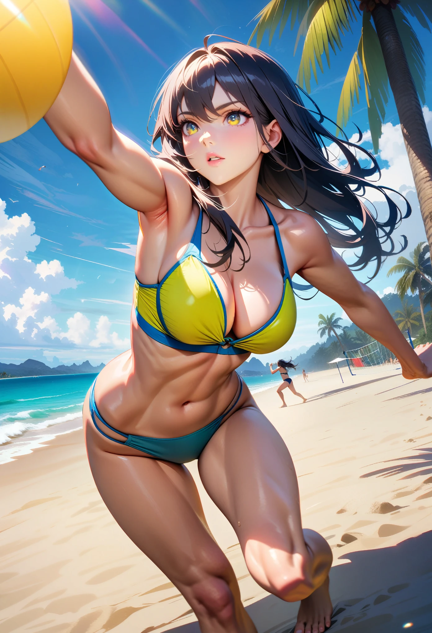 Masterpiece, Best Quality, Super Detailed, High Definition, HDR, a beautiful woman playing beach volleyball, athletic toned body, bikini, beach setting, ocean waves, blue sky, dynamic action pose, beautiful detailed eyes,beautiful detailed lips,extremely detailed eyes and face ,longeyelashes, sports action, dynamic movement, dramatic lighting,vibrant colors,cinematic composition, net, beach volleyball court, palm tree, beach umbrella