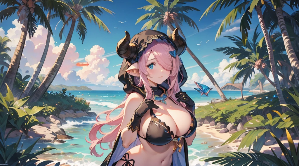 Vibrant, high-definition anime-style illustration set on a tropical beach. The layout features a central female character, Narmaya, with long pink hair, partially covered by a hooded cloak adorned with brown horns. She has fair skin, large expressive blue eyes and pink pupils, and a small blue butterfly hair clip. One eye is covered by her hair. The character is wearing a revealing black bikini with gold accents, and her hands are holding the edges of her cloak. The background showcases a pristine beach with white sand, lush green foliage, and tall palm trees. The clear blue sky and turquoise ocean complete the idyllic setting, with distant islands visible on the horizon. Narmaya and her attire are meticulously detailed. The intense effort put into shading brings this image to a realistic style. Gorgeous vibrant colors draw the eye. Narmaya's suggestive stance brings the viewers focus to her large and perfectly shaped breasts. The image is both magical and erotic.
(masterpiece), best quality, expressive eyes, perfect face, suggestive pose, purple and pink background, seductive, fantasy, 8k, absurdres, narmaya, pink hair, blue eye with pink pupil, hair over eye, draph, horns, butterfly hair clip, black bikini, hood, defined hands, perfect hands, perfect fingers,