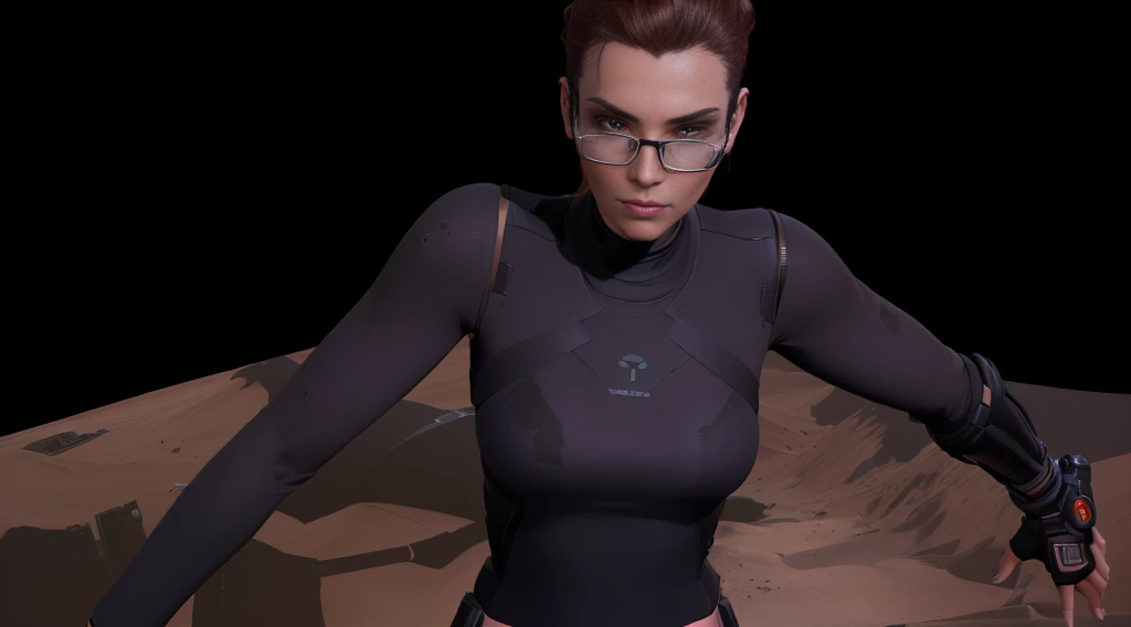 there is a woman in a black top and a brown and black top, female character, upper body avatar, female main character, sci fi female character, Skin that disperses underground, Modeling in Poser, science fiction woman, in game capture 3d render, Gordon Freeman as a woman, crew member of a futuristic spaceship, alien woman, film goddess body shot