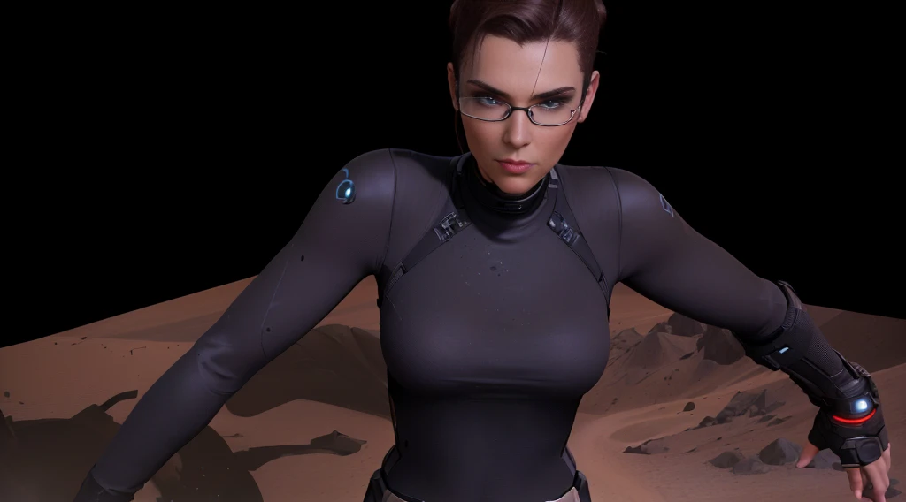 there is a woman in a black top and a brown and black top, female character, upper body avatar, female main character, sci fi female character, Skin that disperses underground, Modeling in Poser, science fiction woman, in game capture 3d render, Gordon Freeman as a woman, crew member of a futuristic spaceship, alien woman, film goddess body shot