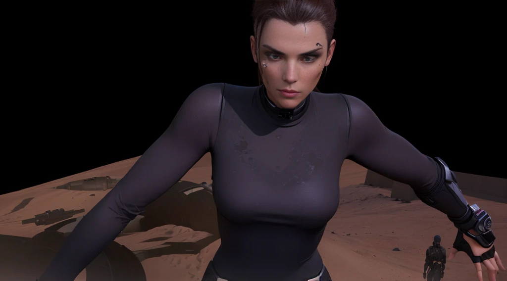 there is a woman in a black top and a brown and black top, female character, upper body avatar, female main character, sci fi female character, Skin that disperses underground, Modeling in Poser, science fiction woman, in game capture 3d render, Gordon Freeman as a woman, crew member of a futuristic spaceship, alien woman, film goddess body shot