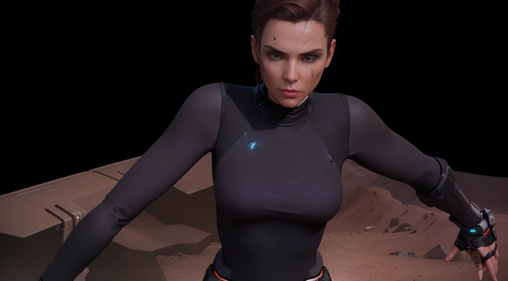 there is a woman in a black top and a brown and black top, female character, upper body avatar, female main character, sci fi female character, Skin that disperses underground, Modeling in Poser, science fiction woman, in game capture 3d render, Gordon Freeman as a woman, crew member of a futuristic spaceship, alien woman, film goddess body shot