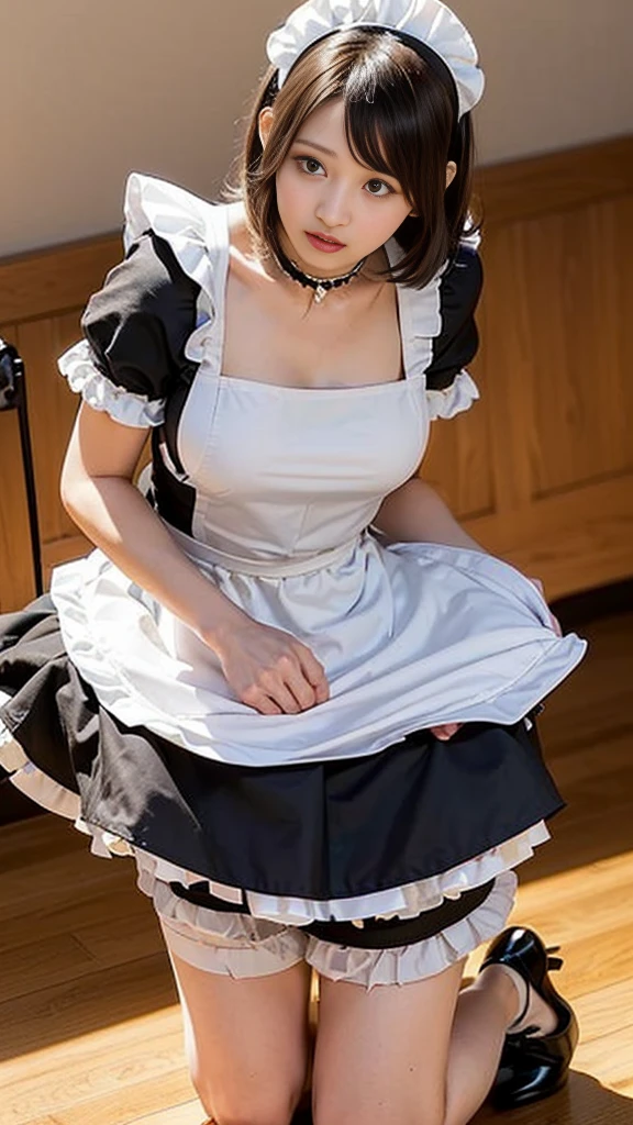 (8K、RAW Photos、Highest quality、masterpiece:1.2)、(Realistic、Realistic)、1 Girl、((Maid Costume:1.2、Thin legs、whole body、View from the front、smile、Looking into the camera、Hold your skirt with both hands and show me your black panties))、cute