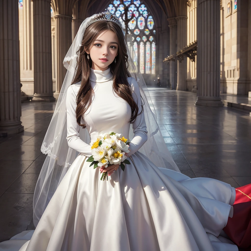 best quality, masterpiece, 1 girl, long hair, huge laugh, cute teen, shiny lips, sweet, sun glare, Conservative attire, turtleneck wedding dress, bridal tiara, depth of field, blurred background, Cathedral Background, light particles, strong wind, head tilt