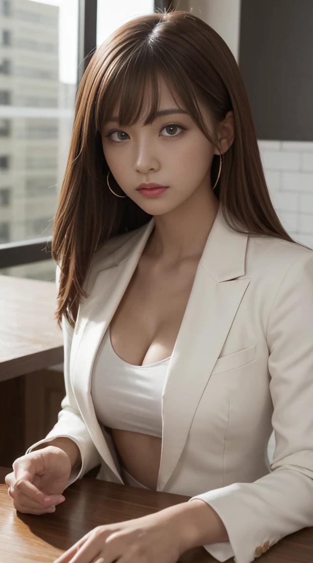 Tabletop, Highest quality, figure, Super detailed, In detail, High resolution, 8k wallpaper, Perfect dynamic composition, Beautiful attention to detail,  Natural Lip,blazer ,whole body,Light brown hair,bangs
