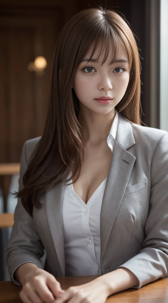 Tabletop, Highest quality, figure, Super detailed, In detail, High resolution, 8k wallpaper, Perfect dynamic composition, Beautiful attention to detail, Natural Lip,blazer ,whole body,Light brown hair,bangs