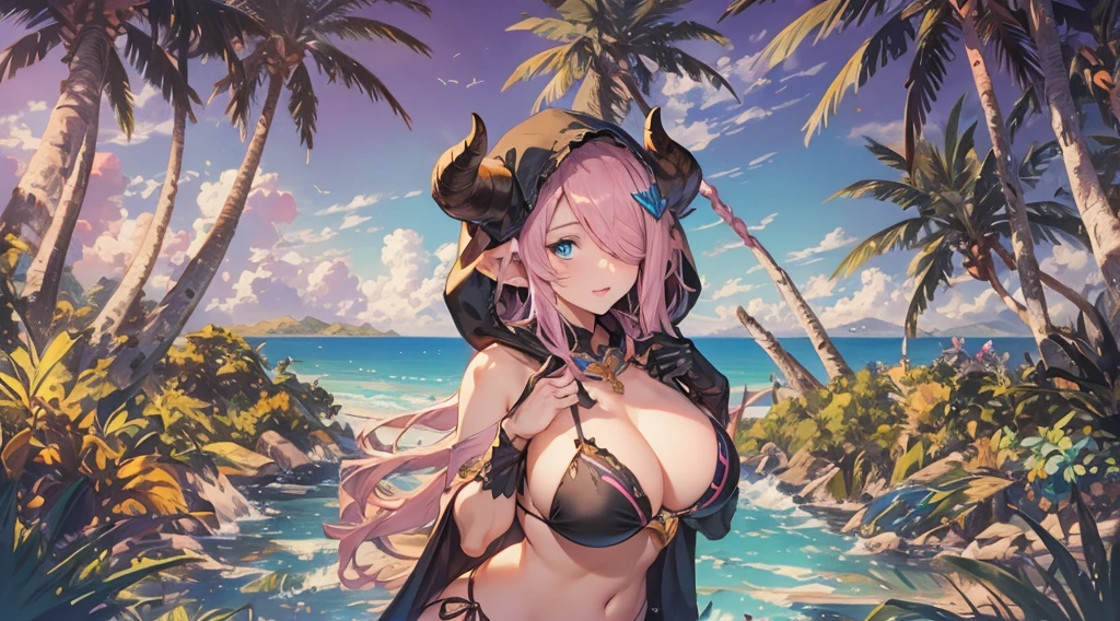 Vibrant, high-definition anime-style illustration set on a tropical beach. The layout features a central female character, Narmaya, with long pink hair, partially covered by a hooded cloak adorned with brown horns. She has fair skin, large expressive blue eyes and pink pupils, and a small blue butterfly hair clip. One eye is covered by her hair. The character is wearing a revealing black bikini with gold accents, and her hands are holding the edges of her cloak. The background showcases a pristine beach with white sand, lush green foliage, and tall palm trees. The clear blue sky and turquoise ocean complete the idyllic setting, with distant islands visible on the horizon. Narmaya and her attire are meticulously detailed. The intense effort put into shading brings this image to a realistic style. Gorgeous vibrant colors draw the eye. Narmaya's suggestive stance brings the viewers focus to her large and perfectly shaped breasts. The image is both magical and erotic.
(masterpiece), best quality, expressive eyes, perfect face, suggestive pose, purple and pink background, seductive, fantasy, 8k, absurdres, narmaya, pink hair, blue eye with pink pupil, hair over eye, draph, horns, butterfly hair clip, black bikini, hood, defined hands, perfect hands, perfect fingers,