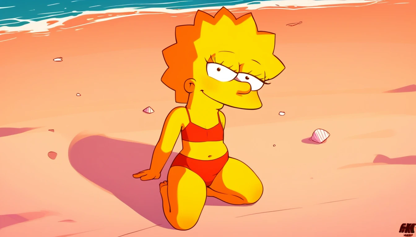 source_cartoon, (((1girl, solo, alone, lisa_simpson, short hair, flat chest, colored skin, yellow skin, shortstack))), looking at viewer, smile,

     red bikini, barefoot, kneeling, spread legs,

sexy pose, dynamic pose, dynamic angle, cowboy shot,

outdoor, beach, day,