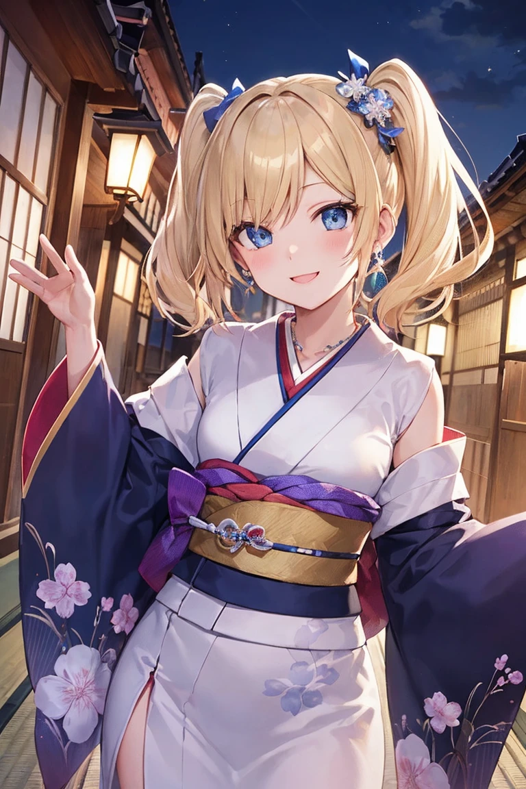 Absurd, Ultra-detailed,Bright colors, Very beautiful and detailed anime faces and eyes, View from the front, ;d, Shiny_skin,Age 25, short hair, , Asymmetrical bangs, Blonde hair in short pigtails, Shiny髪, delicate beautiful face, blush、blue eyes, White skin, Barrette, (Recall:1.3)、(Smile:1.3)、Shiny髪、Small earrings、Small Necklace、Brightly colored kimonos、(Kyoto at Night:1.4)