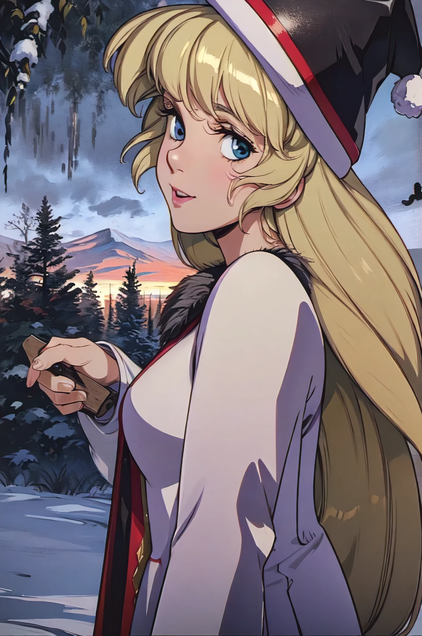 (masterpiece:1.1), (best quality:1.1), 1girl, Real light and shadow, anime face, 4k, 8k, wallpaper,epic, detail texture, blonde hair, (blue eyes:1.5), ((((blond hair:1.35, long hair)))),intricate eyes,beautiful detailed eyes, (symmetrical eyes,big eyes:1.5,(((lustrous skin:1.5,bright skin: 1.5,skin tanned,shiny skin,very shiny skin,shiny body,plastic glitter skin,exaggerated shiny skin,illuminated skin))),(detailed body,(detailed face)), cute, erotic,daring, (((medieval man armor, fur hat, adventurer man armor,winter coat))),(((intricate outfit,intricate clothes, embroidered outfit,ornate outfit,embroidered clothes,ornate clothing))), (dynamic pose:1.0),happy,smile,(centered,scale to fit dimensions,Rule of thirds), ((snowy pine forest at night)), with dark stormy clouds,winter,scenery:1.25,((snow forest background)),Christmas tree, highres,sharp focus,(ultra detailed,extremely detailed),(photorealistic artwork:1.37),(extremely detailed CG unity 8k wallpaper),(((vibrant colors,vibrant theme))),(intricate),(masterpiece),(best quality),