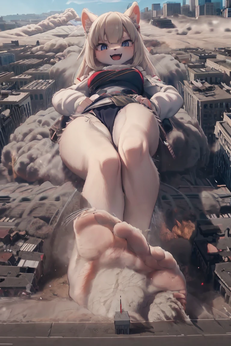 Cute alien invasion, attacking the world,👽、Giantess、Alien clothes、Yellow Eyeasterpiece、Highest quality、Giantessのイラスト、Giant Spaceman、Giant aliens、smile、Open mouth and show teeth、beautiful身体、simple、beautiful、Anime illustration、Trampling、Buildings being destroyed beneath our feet、Low - Angle、walk、Looming、I can see my feet、Draw a woman in a big way、Giantess、Hands on hips、giantess、Small town view、Destroyed small town、Destroyed small building district、Smoke is rising、The fugitive々、Destructive illustration of a small city with buildings visible in the distance、