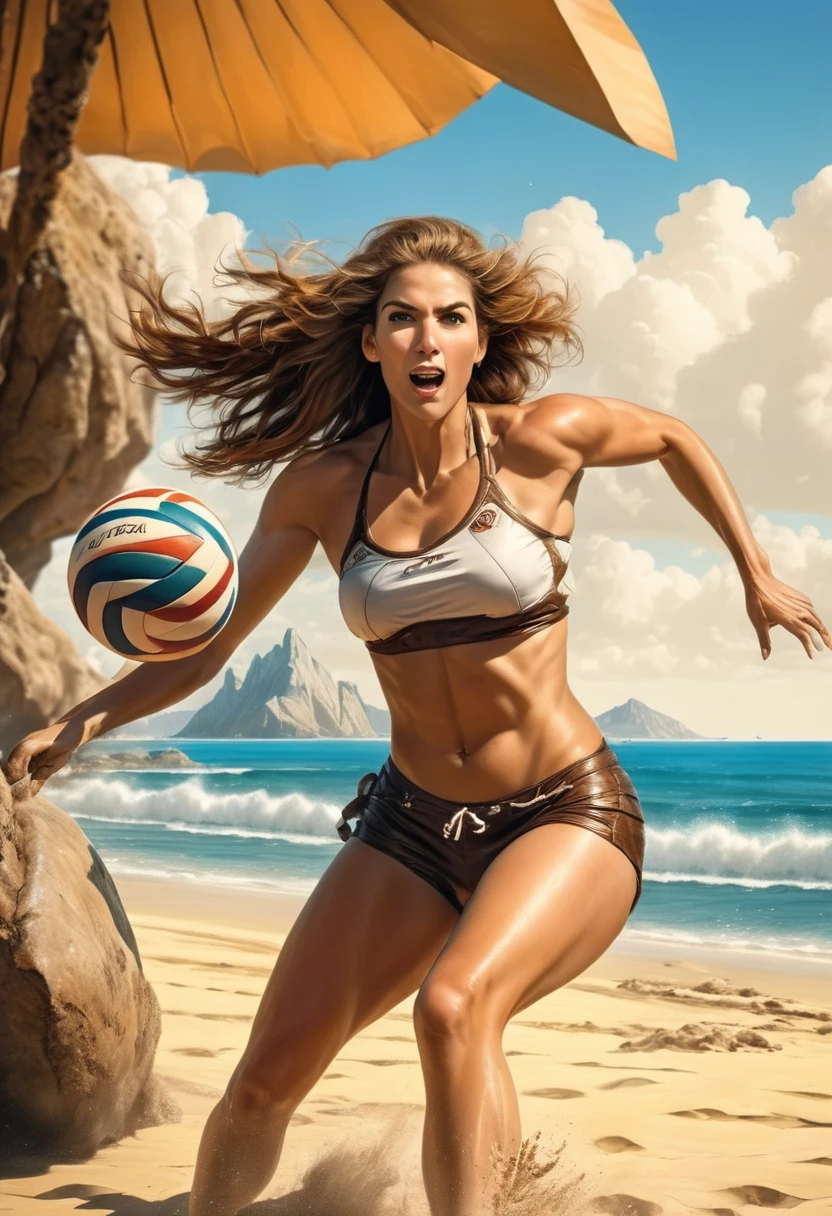 a sports picture best quality of a cave woman playing volleyball at the beach at the stone age, an extraordinary beautiful cave woman wearing animal fur sport ware playing volleyball at the beach, there is (mammoth: 1.2) watching her play, stone age volley ball beach background, its sunny day, sun rays, ltra-high resolution, High Contrast, (masterpiece:1.5), highest quality, Best aesthetics), best details, best quality, highres, 16k, [ultra detailed], masterpiece, best quality, (extremely detailed), Cinematic Hollywood Film,