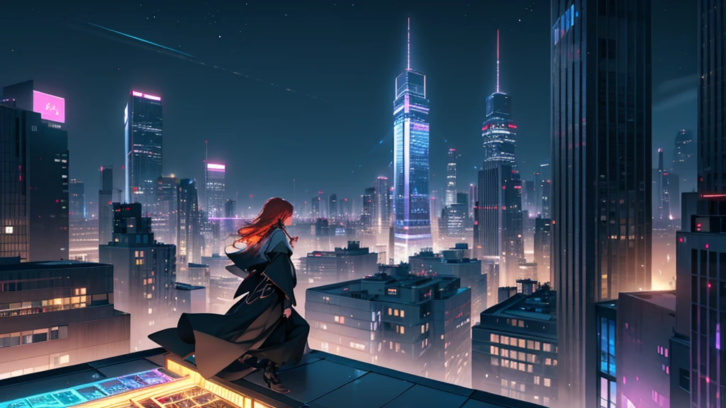 Create a detailed illustration of a vast urban landscape with numerous buildings, focusing on a nighttime city. In the distance, on the rooftop of one of the buildings, there should be a girl with very long red hair playing the piano. The cityscape features a mix of architectural styles, with tall skyscrapers and smaller buildings creating a dynamic skyline. The atmosphere is serene and slightly melancholic, with the city illuminated by soft lights from the buildings' windows and streetlights. The girl on a rooftop in the distance should be clearly visible, playing a grand piano under the glow of the city lights. A few birds can be seen flying in the sky. There are small parks and green spaces interspersed among the buildings, providing a touch of nature within the urban environment. The sky is filled with stars, adding to the tranquil atmosphere of the scene. The image should convey a moment of peace in the midst of a chaotic and difficult day, ray tracing, work of art, best qualityer, ultra quality, absurd details, best Lumiere, best shade, Spitz, Spitz image, detailded, extremely detailded, great resolution, 8K, 4K, ultra HD, particle effects, beautiful effects, bright coloured, neon Lumiere, neon, Lumiere.