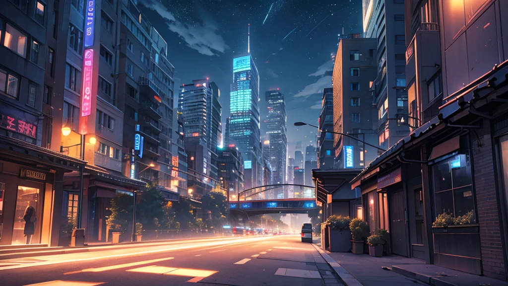 Create a detailed illustration of a vast urban landscape with numerous buildings, focusing on a nighttime city. In the distance, on the rooftop of one of the buildings, there should be a girl with very long red hair playing the piano. The cityscape features a mix of architectural styles, with tall skyscrapers and smaller buildings creating a dynamic skyline. The atmosphere is serene and slightly melancholic, with the city illuminated by soft lights from the buildings' windows and streetlights. The girl on a rooftop in the distance should be clearly visible, playing a grand piano under the glow of the city lights. A few birds can be seen flying in the sky. There are small parks and green spaces interspersed among the buildings, providing a touch of nature within the urban environment. The sky is filled with stars, adding to the tranquil atmosphere of the scene. The image should convey a moment of peace in the midst of a chaotic and difficult day, ray tracing, work of art, best qualityer, ultra quality, absurd details, best Lumiere, best shade, Spitz, Spitz image, detailded, extremely detailded, great resolution, 8K, 4K, ultra HD, particle effects, beautiful effects, bright coloured, neon Lumiere, neon, Lumiere.