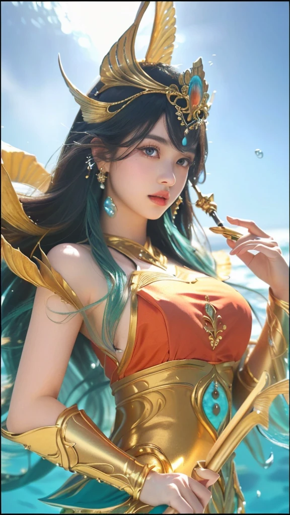 a close up of a girl in a costume holding a spear, queen of the sea, 1girl, detailed eyes, detailed lips, long eyelashes, beautiful face, ethereal, elegant, majestic, regal, dramatic lighting, underwater scene, shimmering sea, coral reef, schools of fish, kelp forest, photorealistic, highly detailed, cinematic, epic, fantasy, masterpiece
