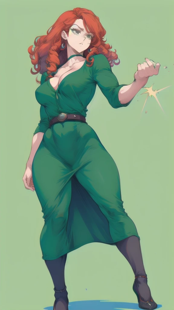 Full body image of Merida from Brave, full body in image, wearing her original outfit (dark green medieval dress with a belt), long curly red hair, female body, slender and athletic body, dynamic pose, detailed pose, simple background, expressive face showing determination, focus on face, line art, sketch