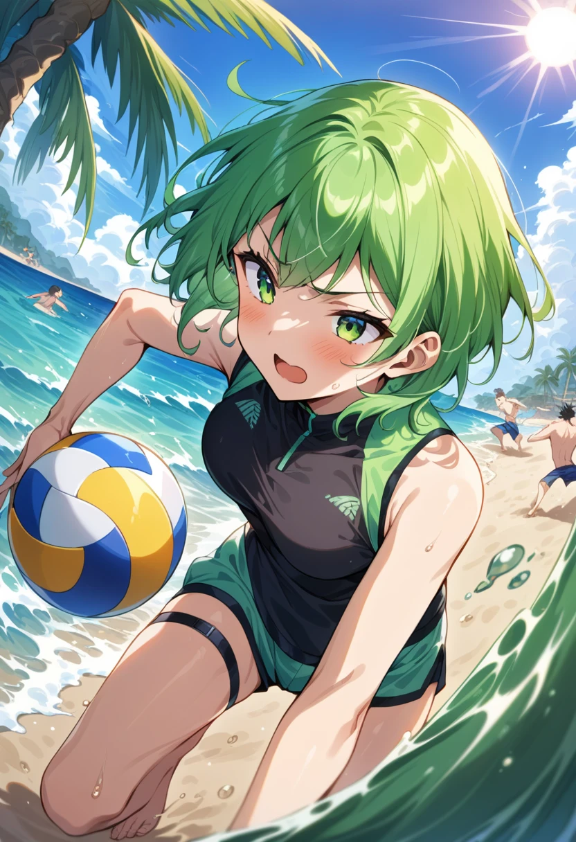 ((Masterpiece)), ((Best Quality)), (Very Detailed), ((Very Detailed)), 4K, (8K), very aesthetic, absurdres highres, I drew players playing beach volleyball on a sandy beach. He chases the ball with a serious expression, repeatedly receiving, spiking, and diving. The sun's rays are reflected on the sandy beach, and the waves are gently lapping. There are palm trees, beach umbrellas, and beach chairs in the background, which the audience looks at happily. The movement of the players and the scattering of sand expresses competitive spirit and fun.