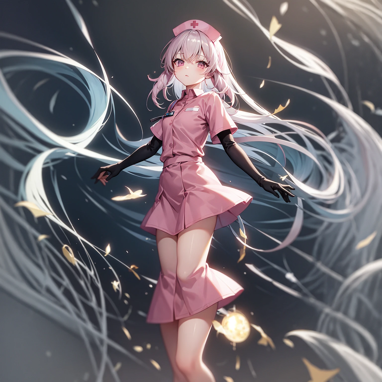 ((nurse)),((Pale pink clothes)),mini skirt,Cute little ,Tiny ,Small girl,,Childish face, Very fine clean face,Top quality,Black Hair,(Dark Room), Subtle light, Natural light,Soft lighting,Light from directly behind, (Are standing),With bust up,Front view,Black background