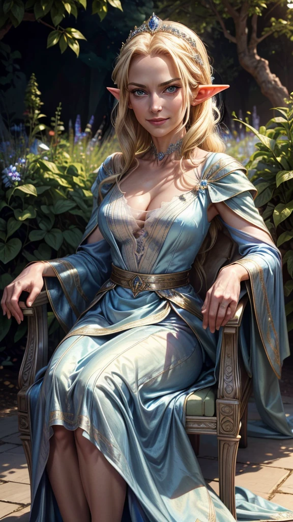 RAW shooting, Photoreal, highest quality, masterpiece, beautiful older woman, elegant elf queen, mature face, blonde, blue eyes, evil smile, smug, wearing a silky royal dress, relaxing in a well lit environment with soft lighting