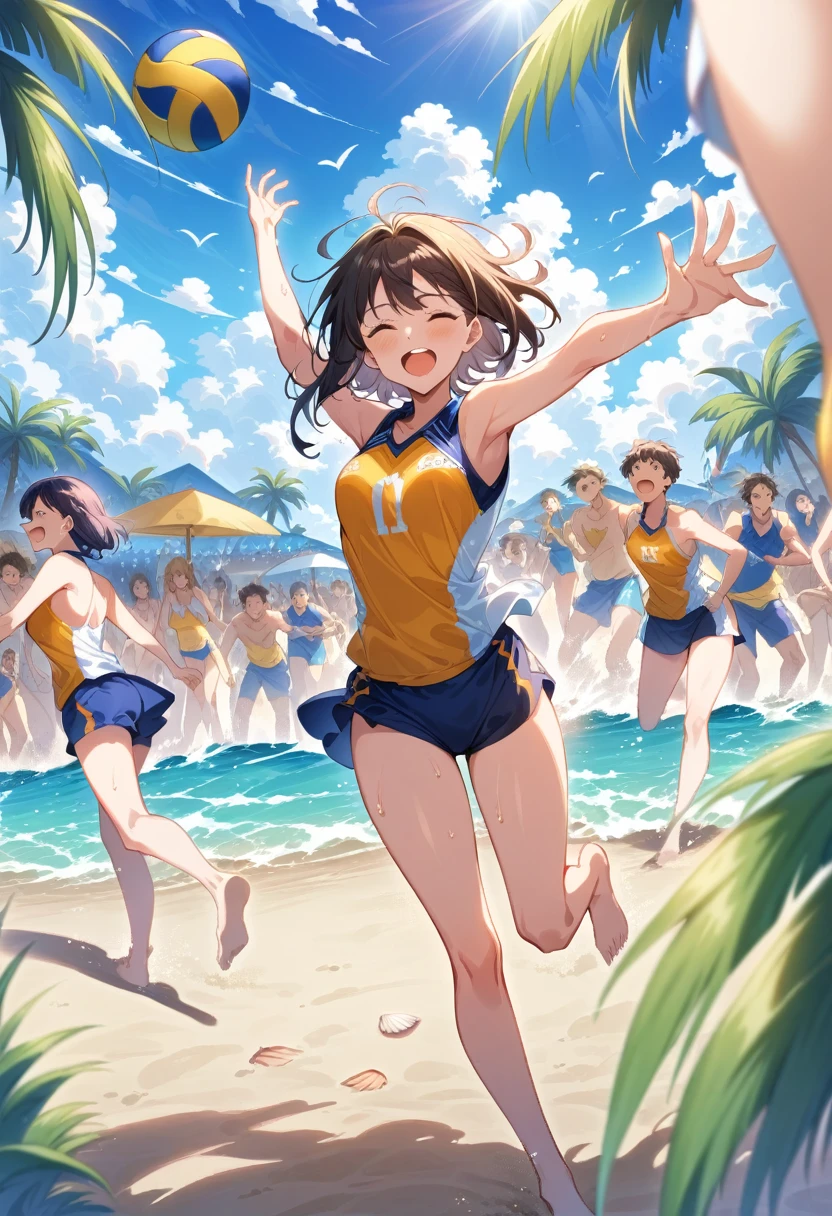 ((Masterpiece)), ((Best Quality)), (Very Detailed), ((Very Detailed)), 4K, (8K), very aesthetic, absurdres highres, Please draw male and female players enjoying beach volleyball on a sunny beach. They are wearing beach volleyball uniforms, sweating and energetically jumping and hitting their spikes. The blue sky and sun are in the background, with palm trees, beach umbrellas, and spectators visible. Footprints are left on the beach, and the sand is scattered. The smiles and sweat from the players create a lively scene.
