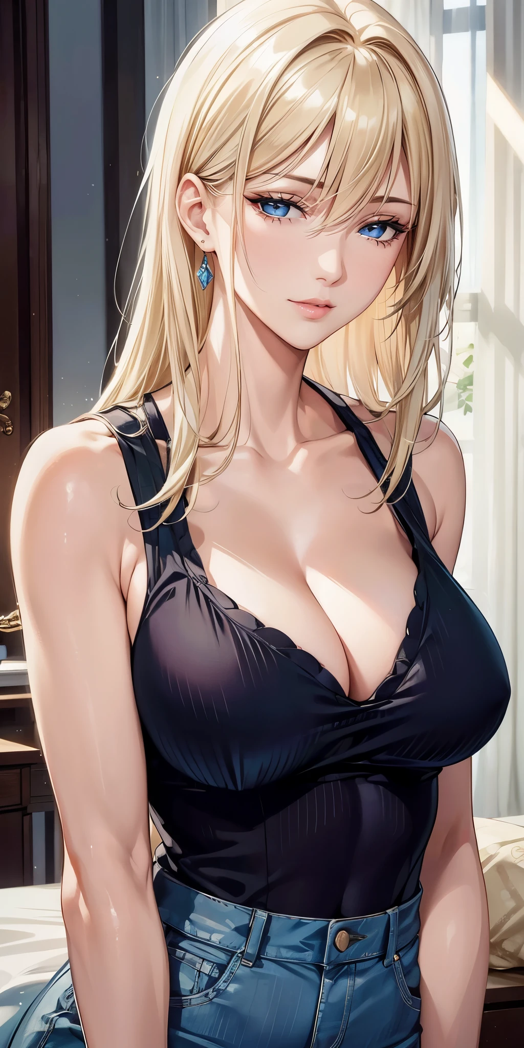 Elegant mature woman, milf, blue eyes, blonde hair, soft light, high detailed, 4k resolution, high quality, beautiful cg
