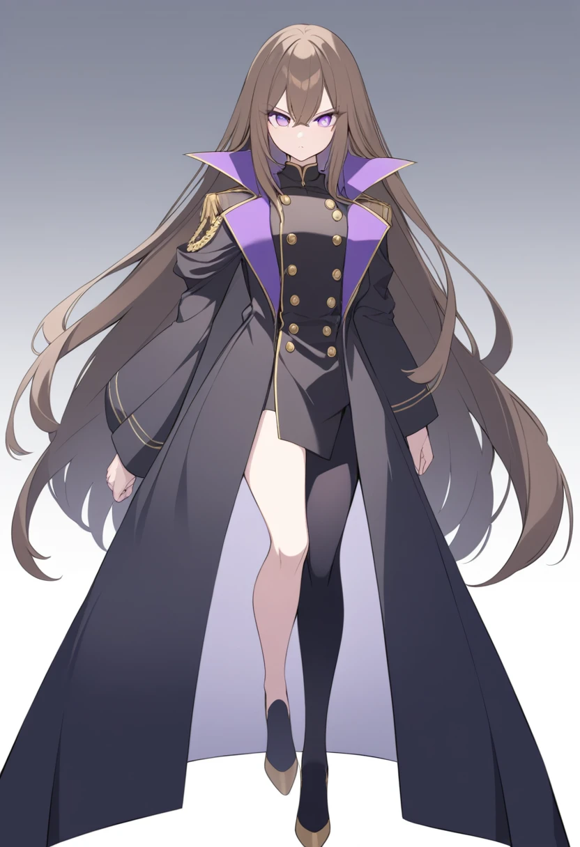 Illustrate a full-body anime girl with long, flowing brown hair, wearing a military shirt under a open long black overcoat with gold buttons, styled in a way that accentuates her confident and commanding presence. The character should have sharp, violet determined eyes and a poised expression.