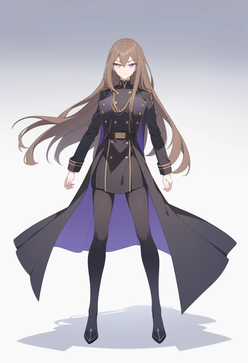 Illustrate a full-body anime girl with long, flowing brown hair, wearing a military shirt under a open long black overcoat with gold buttons, styled in a way that accentuates her confident and commanding presence. The character should have sharp, violet determined eyes and a poised expression.