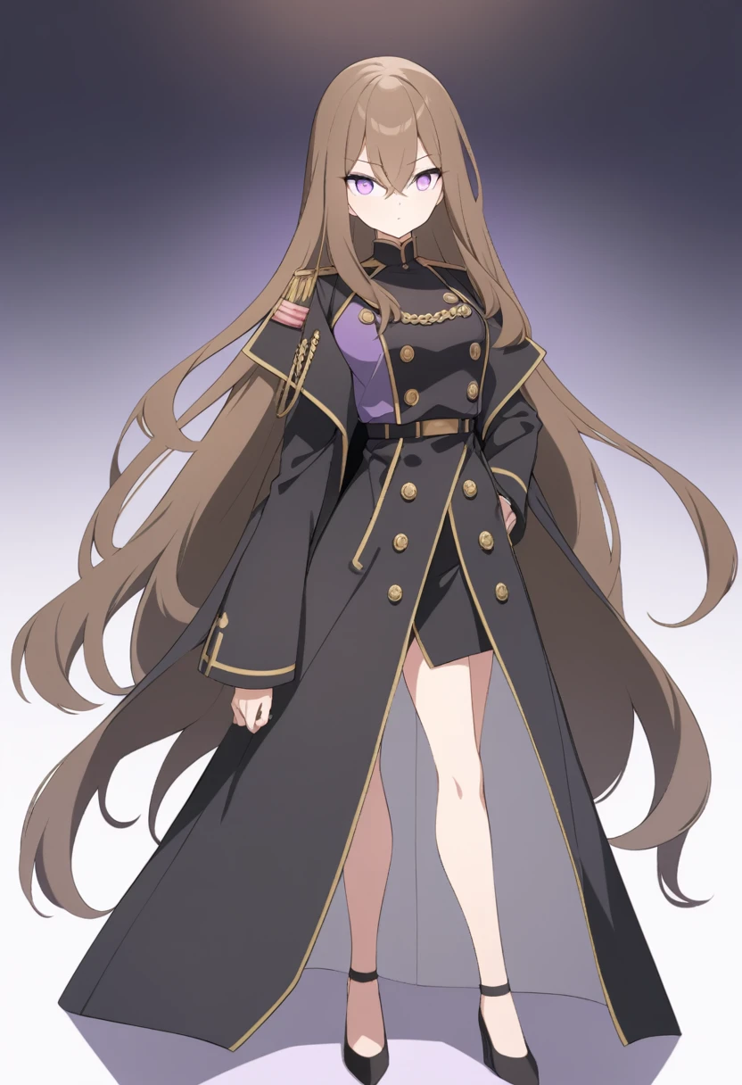 Illustrate a full-body anime girl with long, flowing brown hair,  wearing a military shirt under a  open long black overcoat with gold buttons, styled in a way that accentuates her confident and commanding presence. The character should have sharp,  violet determined eyes and a poised expression.