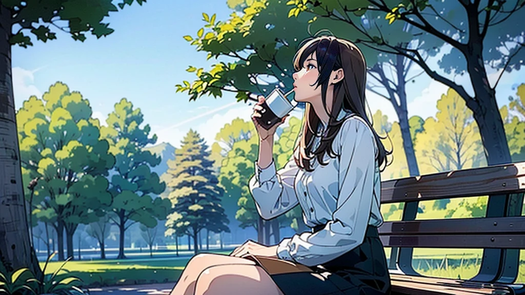 (Woman sitting on a park bench looking up at the sky),(Have a coffee),(Cozy and comfortable seating),(Sunlight filtering through the trees),(Clear skies),(noon),(Ultra-detailed anime-style scenery wallpaper),A woman is drinking coffee alone
