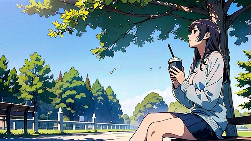 (Woman sitting on a park bench looking up at the sky),(Have a coffee),(Cozy and comfortable seating),(Sunlight filtering through the trees),(Clear skies),(noon),(Ultra-detailed anime-style scenery wallpaper),A woman is drinking coffee alone