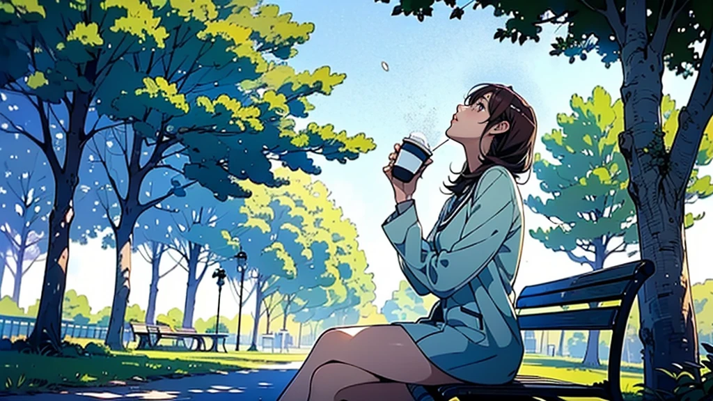 (Woman sitting on a park bench looking up at the sky),(Have a coffee),(Cozy and comfortable seating),(Sunlight filtering through the trees),(Clear skies),(noon),(Ultra-detailed anime-style scenery wallpaper),A woman is drinking coffee alone