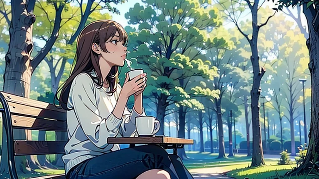 (Woman sitting on a park bench looking up at the sky),(Have a coffee),(Cozy and comfortable seating),(Sunlight filtering through the trees),(Clear skies),(noon),(Ultra-detailed anime-style scenery wallpaper),A woman is drinking coffee alone