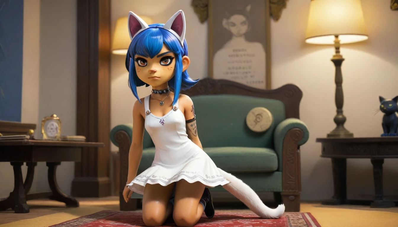 Eye, Animal Crossing Muscle, hairy, Blue Hair, Hair accessories, Yellow skin, 黑Eye, White Dress, Tail, Looking at the audience, Serious, Cross your legs, from_below, His sofa, Inside the living room, Hieroglyphics, high quality, masterpiece, 1 Girl，Cat ears，Dark skin tone，clothing，earrings，Jackal ears，Jewelry，Long hair, White Dress, Sit at your desk, She wrote a heartfelt letter, Her expression is both nostalgic and wistful, Dramatic Lighting, Detailed background, masterpiece, best quality, high quality, absurd, The award-winning, professional, Very detailed