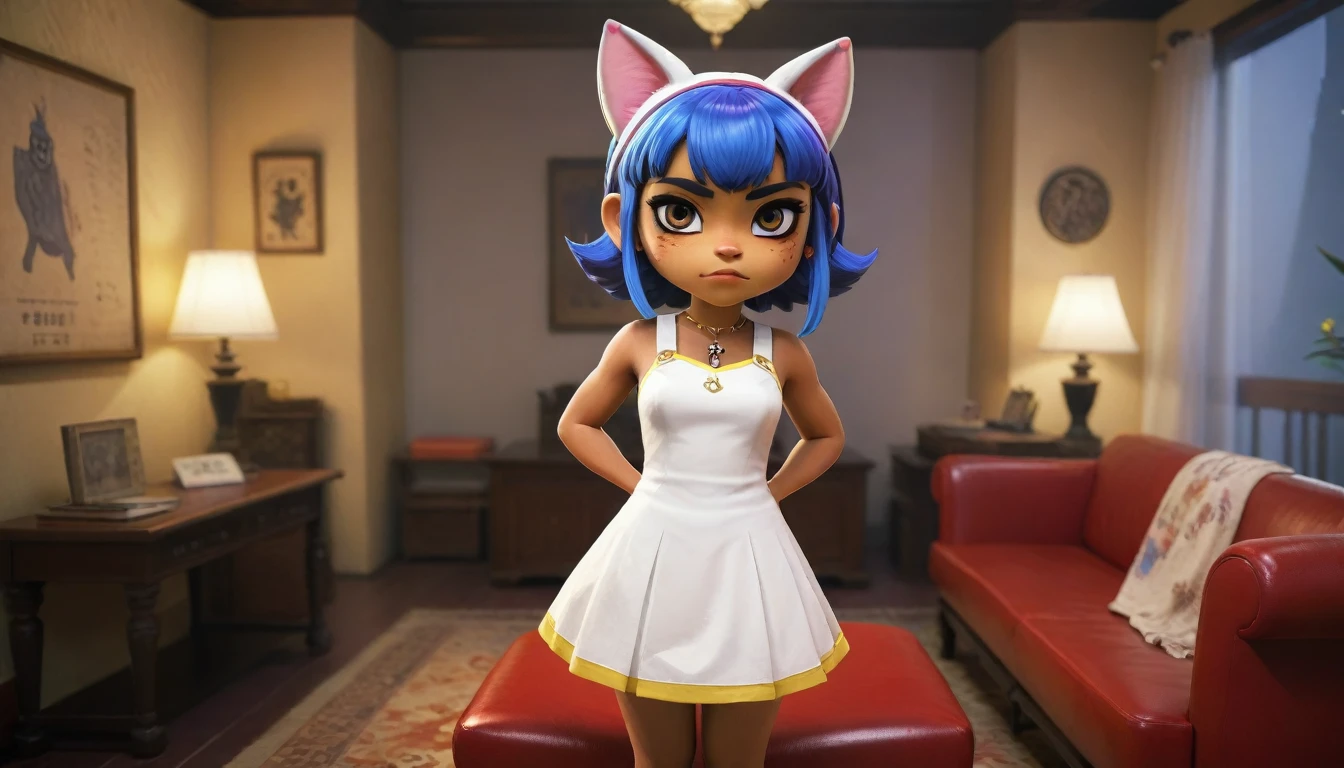 Eye, Animal Crossing Muscle, hairy, Blue Hair, Hair accessories, Yellow skin, 黑Eye, White Dress, Tail, Looking at the audience, Serious, Cross your legs, from_below, His sofa, Inside the living room, Hieroglyphics, high quality, masterpiece, 1 Girl，Cat ears，Dark skin tone，clothing，earrings，Jackal ears，Jewelry，Long hair, White Dress, Sit at your desk, She wrote a heartfelt letter, Her expression is both nostalgic and wistful, Dramatic Lighting, Detailed background, masterpiece, best quality, high quality, absurd, The award-winning, professional, Very detailed