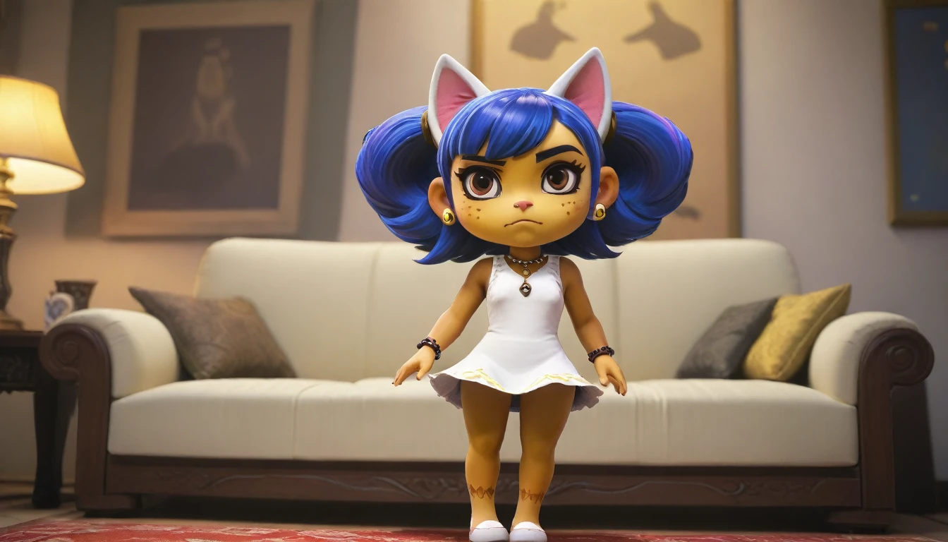 Eye, Animal Crossing Muscle, hairy, Blue Hair, Hair accessories, Yellow skin, 黑Eye, White Dress, Tail, Looking at the audience, Serious, Cross your legs, from_below, His sofa, Inside the living room, Hieroglyphics, high quality, masterpiece, 1 Girl，Cat ears，Dark skin tone，clothing，earrings，Jackal ears，Jewelry，Long hair, White Dress, Sit at your desk, She wrote a heartfelt letter, Her expression is both nostalgic and wistful, Dramatic Lighting, Detailed background, masterpiece, best quality, high quality, absurd, The award-winning, professional, Very detailed