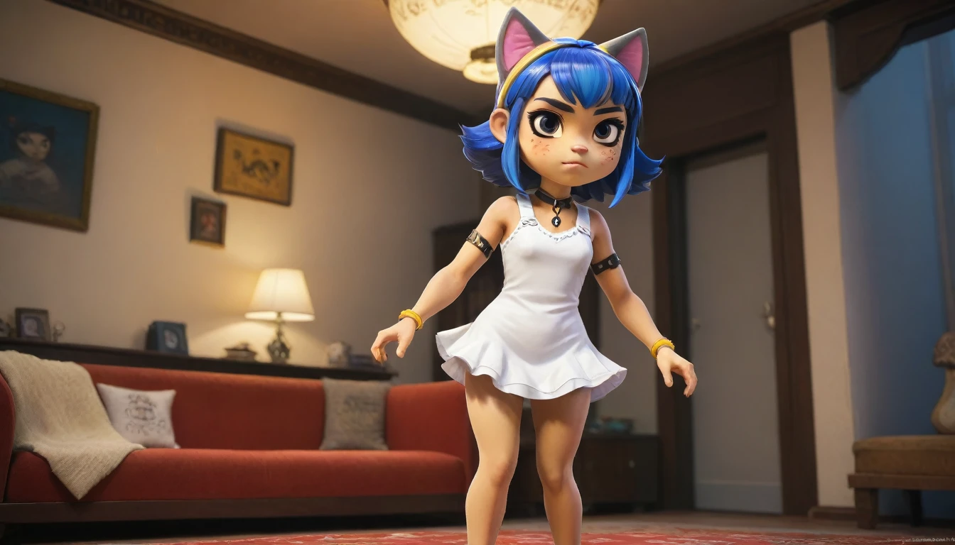 Eye, Animal Crossing Muscle, hairy, Blue Hair, Hair accessories, Yellow skin, 黑Eye, White Dress, Tail, Looking at the audience, Serious, Cross your legs, from_below, His sofa, Inside the living room, Hieroglyphics, high quality, masterpiece, 1 Girl，Cat ears，Dark skin tone，clothing，earrings，Jackal ears，Jewelry，Long hair, White Dress, Sit at your desk, She wrote a heartfelt letter, Her expression is both nostalgic and wistful, Dramatic Lighting, Detailed background, masterpiece, best quality, high quality, absurd, The award-winning, professional, Very detailed