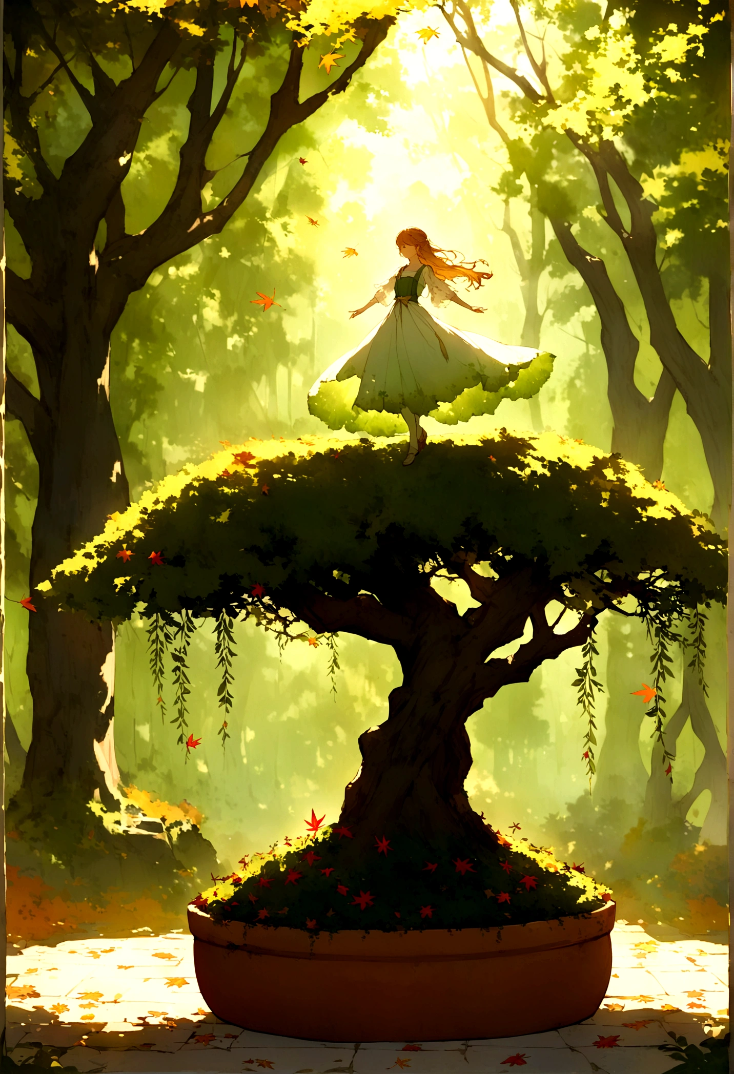 A whimsical miniature figure composed of delicately arranged autumn leaves, poised in a carefree dance on the rim of a weathered, moss-covered terracotta pot, set against a lush, vibrant forest backdrop, where dappled sunlight filters through the canopy above, casting intricate shadows. The overall aesthetic is ethereal, with warm, earthy tones of sienna, umber, and olive green, infused with hints of emerald and golden light, evoking a sense of wonder and enchantment, as if plucked from a fantastical realm.