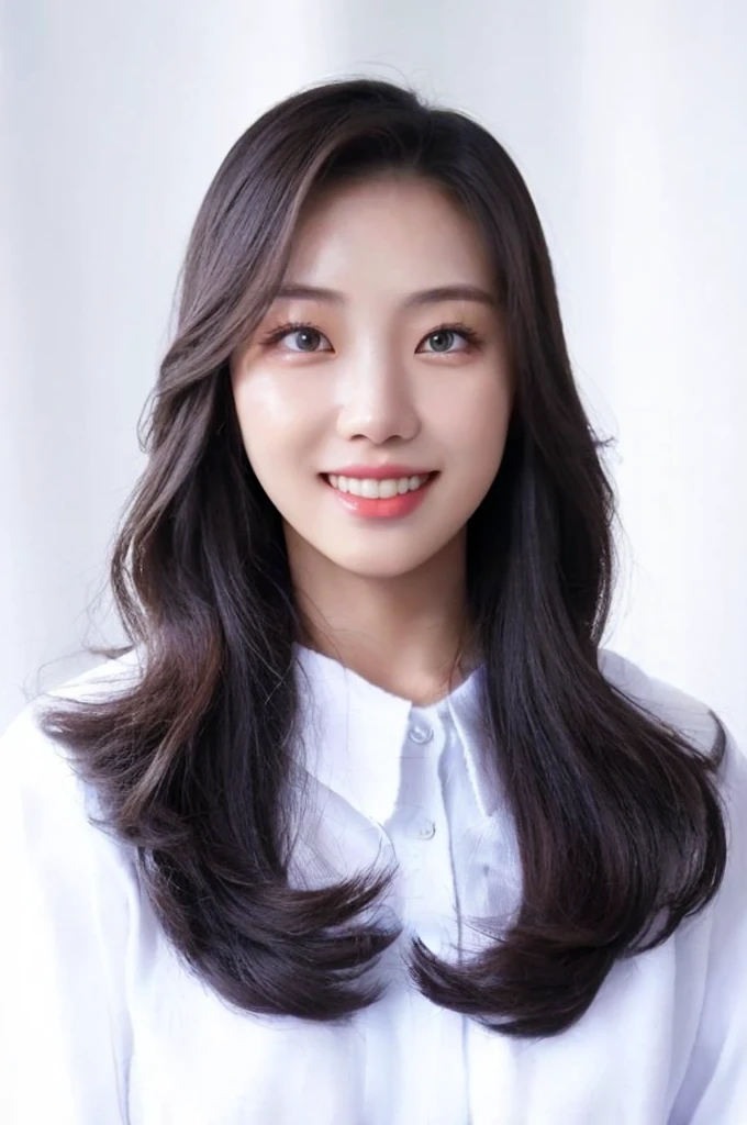 Best Quality, 8k, Masterpiece, (Portrait: 1.3), (photo realistic:1.3), (hyper realistic:1.7), Sharp Focus, looking at viewer, (smoother lighting:1.0), (increase cinematic lighting quality:0.9), realistic lighting, backlighting, light on face, ray trace, (brightening light:1.4), (Increase quality:1.4), sharp detail, (best quality real texture skin:1.6), finely detailed eyes, black_eyes, finely detailed face, 27 year old Korean woman, (white blue cardigan:1.4), (Create an image maintaining the original base model hairstyle:1.5), not AI