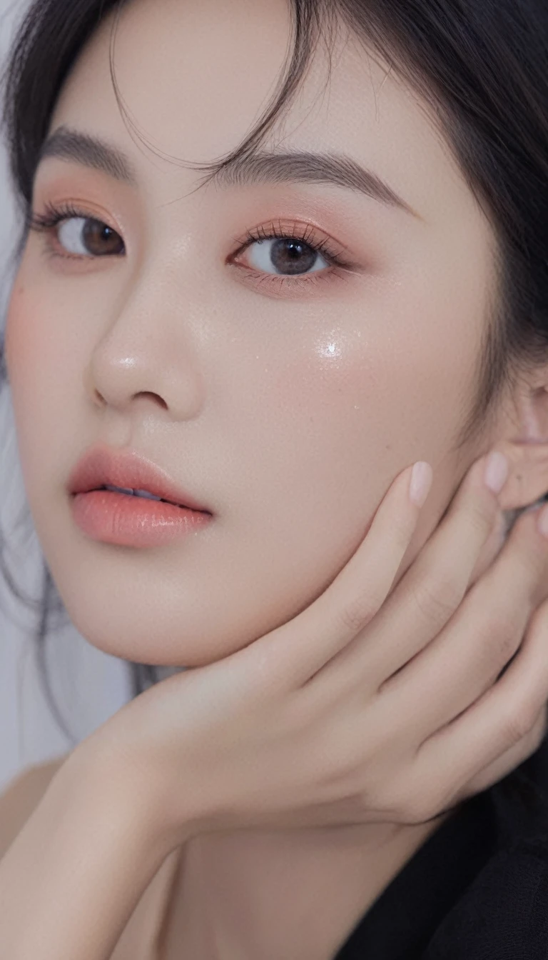 ultra wide angle shoot, front photo, elegant woman, (Photorealsitic)、(intricate detailes:1.2)、(masterpiece、:1.3)、beauty face, (top-quality:1.4)、(超A high resolution:1.2)、超A high resolution、(A detailed eye)、(detailed facial features), ((Realistic lighting、top-quality、8K、natural light, masterpiece:1.3))、bright photo, Clear focus:1.2、1girl in、flawless beauty:1.4、Superfine Face、big Narrow-eyed、double eyelid、photos realistic, perfect eyes, perfect skin, detailed skin, detailed face, looking viewer, front view, potrait, raw photo, simple soft pink background, (intricate detailed skin textured:1.4) front view, looking viewer, clear face, 1 girl、porate、Bright and very beautiful face、beautiful girl, A stunning close-up portrait showcasing the beauty of a Korean model. The composition features soft, natural lighting , bright eyes, and striking cheekbones. Her glossy, The background is simply black background, wear black sweetshirt, neat hair, long hair, instagram model, profil picture, bright and natural