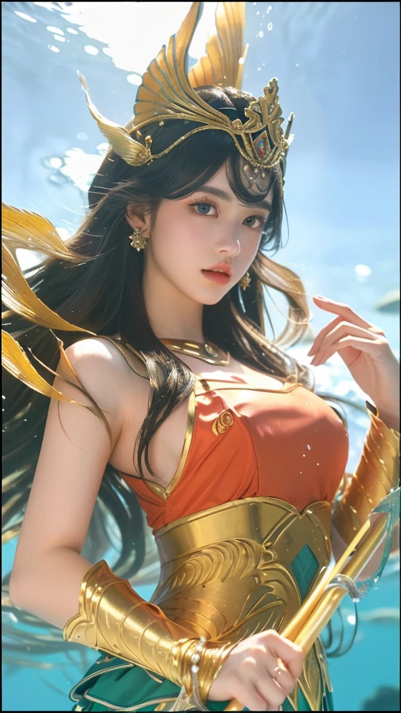 a close up of a girl in a costume holding a spear, queen of the sea, 1girl, detailed eyes, detailed lips, long eyelashes, beautiful face, ethereal, elegant, majestic, regal, dramatic lighting, underwater scene, shimmering sea, coral reef, schools of fish, kelp forest, photorealistic, highly detailed, cinematic, epic, fantasy, masterpiece