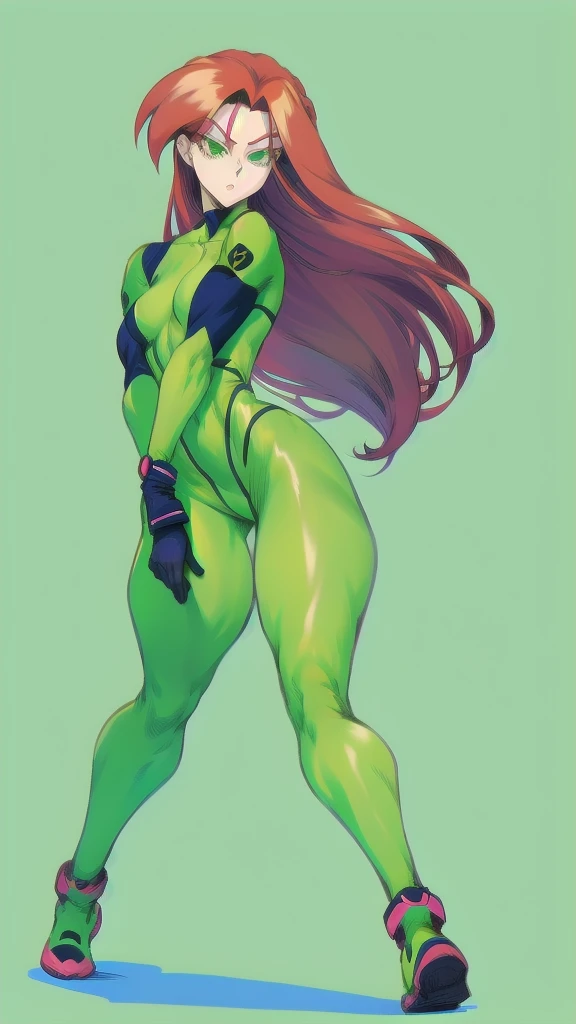 Full body image of Sam from Totally Spies, full body in image, wearing her original green spy catsuit, long red hair, female body, slender and athletic body, dynamic pose, detailed pose, simple background, expressive face showing determination, focus on face, line art, sketch