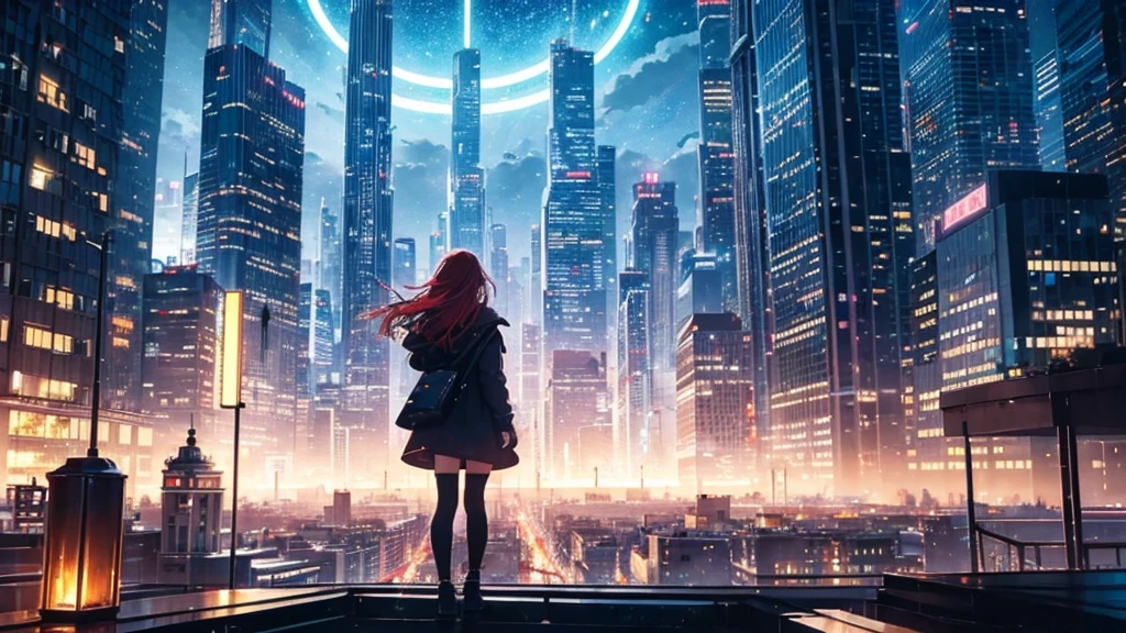Create a detailed illustration of a vast urban landscape with numerous buildings, focusing on a nighttime city. In the distance, on the rooftop of one of the buildings, there should be a girl with very long red hair playing the piano. The cityscape features a mix of architectural styles, with tall skyscrapers and smaller buildings creating a dynamic skyline. The atmosphere is serene and slightly melancholic, with the city illuminated by soft lights from the buildings' windows and streetlights. The girl on a rooftop in the distance should be clearly visible, playing a grand piano under the glow of the city lights. A few birds can be seen flying in the sky. There are small parks and green spaces interspersed among the buildings, providing a touch of nature within the urban environment. The sky is filled with stars, adding to the tranquil atmosphere of the scene. The image should convey a moment of peace in the midst of a chaotic and difficult day, ray tracing, work of art, best qualityer, ultra quality, absurd details, best Lumiere, best shade, Spitz, Spitz image, detailded, extremely detailded, great resolution, 8K, 4K, ultra HD, particle effects, beautiful effects, bright coloured, neon Lumiere, neon, Lumiere.