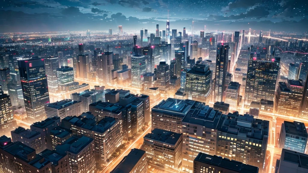 Create a detailed illustration of a vast urban landscape with numerous buildings, focusing on a nighttime city. In the distance, on the rooftop of one of the buildings, there should be a girl with very long red hair playing the piano. The cityscape features a mix of architectural styles, with tall skyscrapers and smaller buildings creating a dynamic skyline. The atmosphere is serene and slightly melancholic, with the city illuminated by soft lights from the buildings' windows and streetlights. The girl on a rooftop in the distance should be clearly visible, playing a grand piano under the glow of the city lights. A few birds can be seen flying in the sky. There are small parks and green spaces interspersed among the buildings, providing a touch of nature within the urban environment. The sky is filled with stars, adding to the tranquil atmosphere of the scene. The image should convey a moment of peace in the midst of a chaotic and difficult day, ray tracing, work of art, best qualityer, ultra quality, absurd details, best Lumiere, best shade, Spitz, Spitz image, detailded, extremely detailded, great resolution, 8K, 4K, ultra HD, particle effects, beautiful effects, bright coloured, neon Lumiere, neon, Lumiere.