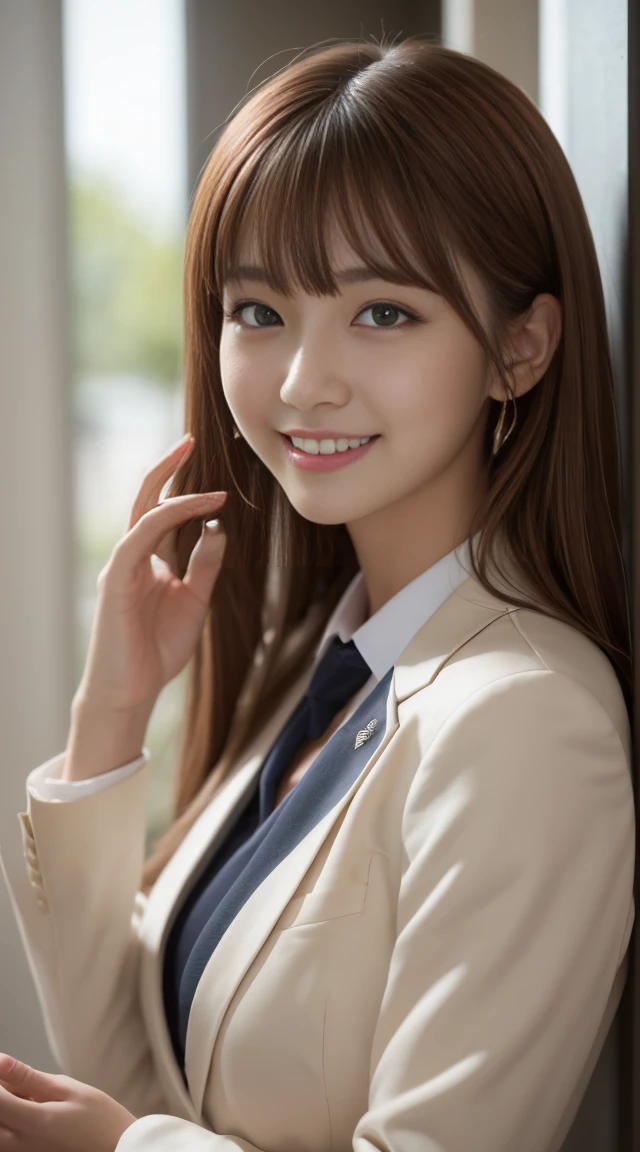 Tabletop, Highest quality, figure, Super detailed, In detail, High resolution, 8k wallpaper, Perfect dynamic composition, Beautiful attention to detail, Natural Lip,blazer ,whole body,Light brown hair,bangs,smile