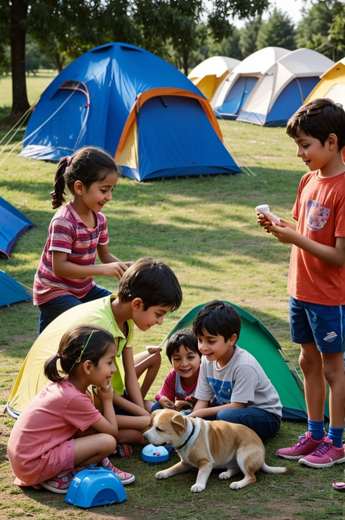 Children at a lively overnight camp with pets