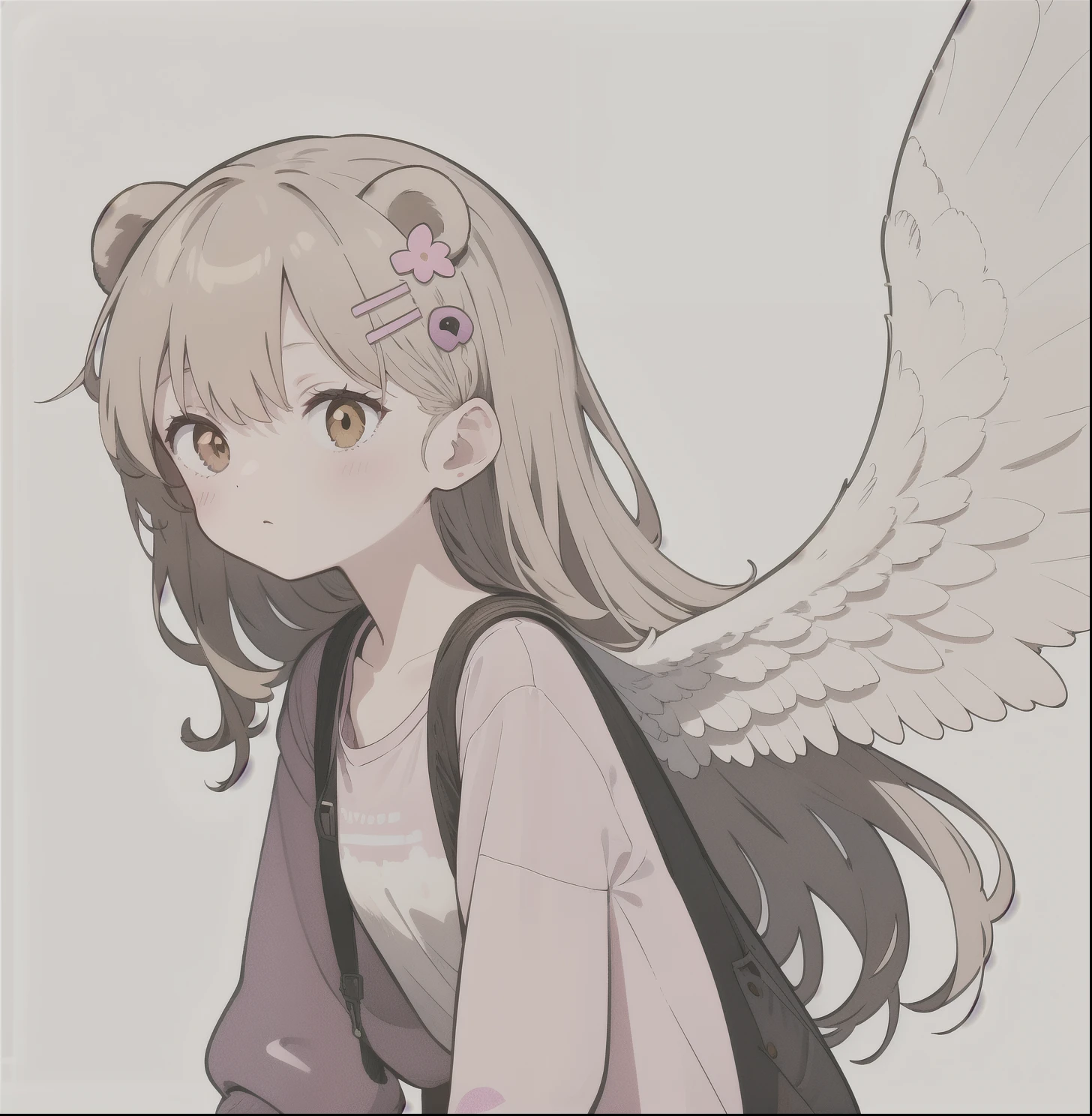 sticker, simple, illustration, cartoon, pretty girl,, line art, White background, From the front,1 Girl,Light brown long hair,Pink T-shirt,White Wings,Bear decoration,Hairpin