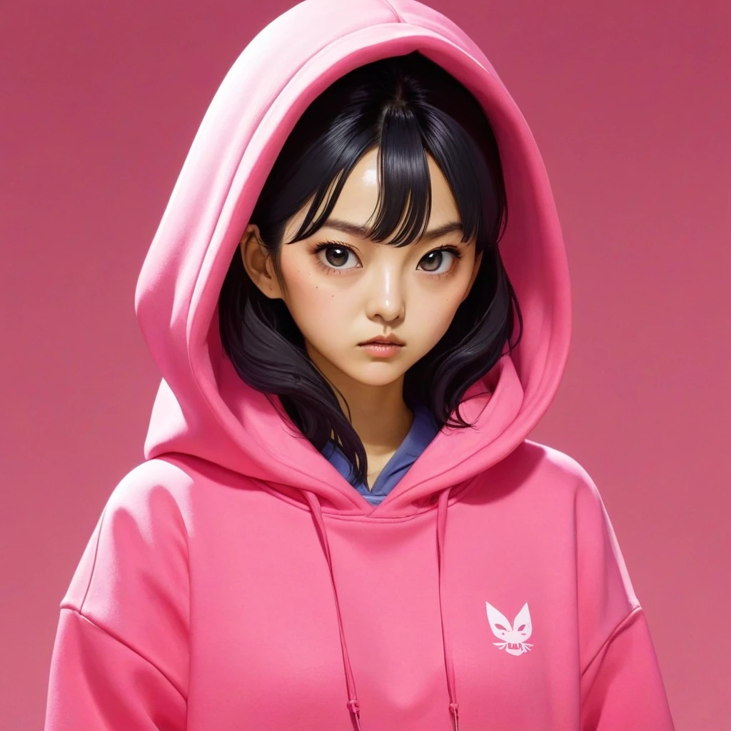 Kang Sae-byeok, Squid Game, Jung Ho-yeo, holding a knife with her hand, wearing a pink hoodie, simple background, evil expression, shes an amoral thief
